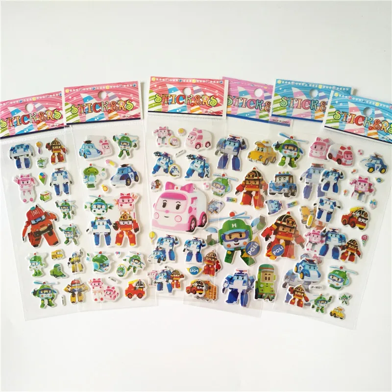 6 Sheets Korean Anime Cute Robot Poli Car Stickers for Transformation Toys Kids Toy Christmas Gifs Police Bubble Sticker