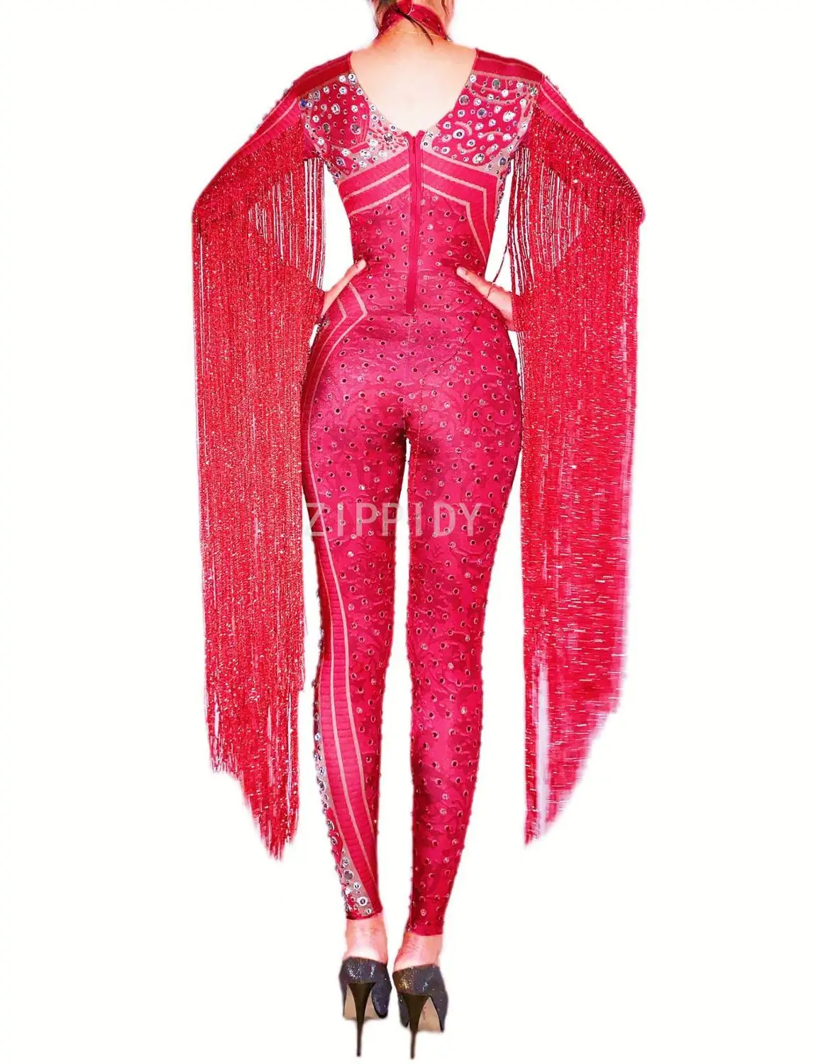 Silver Red Rhinestones Fringe Jumpsuit Birthday Celebrate Outfit Bar Dance Leggings Women Singer Dancer Outfit