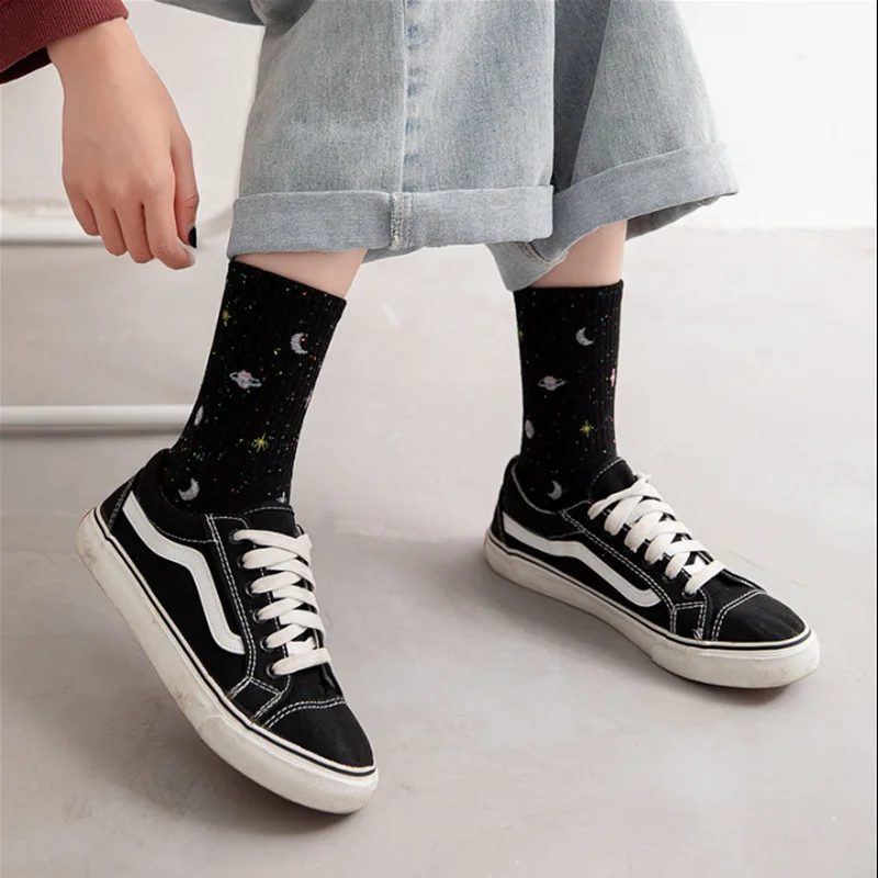 Fashion woman funny planet moon space pattern woman cotton socks meia korean female style fun colorful girl long socks