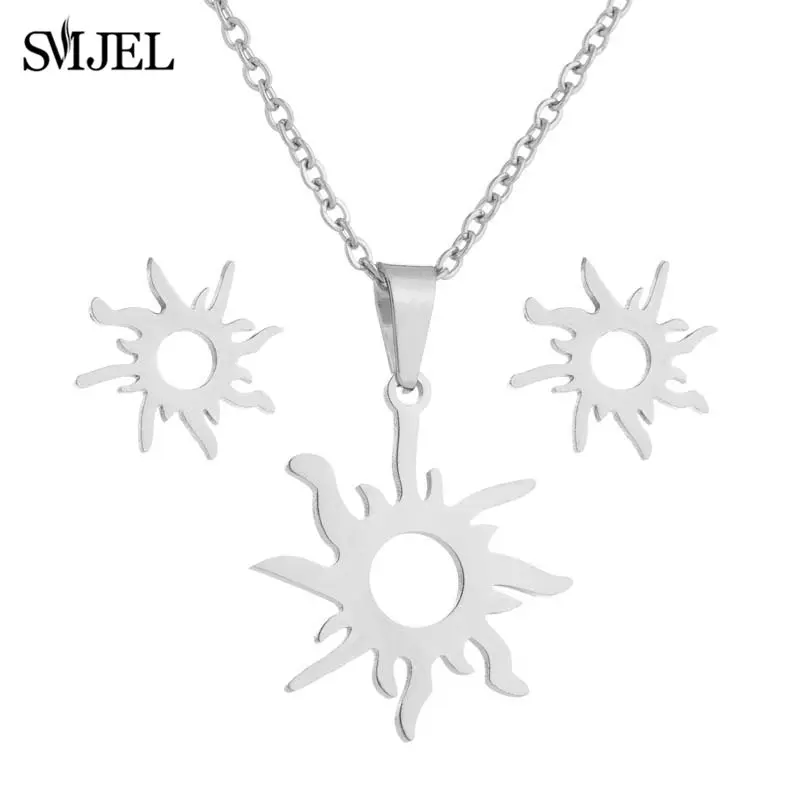 Stainless Steel Necklace Set Ethnic Sun Totem Pendent Necklaces For Women Birthday Party Fashion Crescent Star Earrings Jewelry
