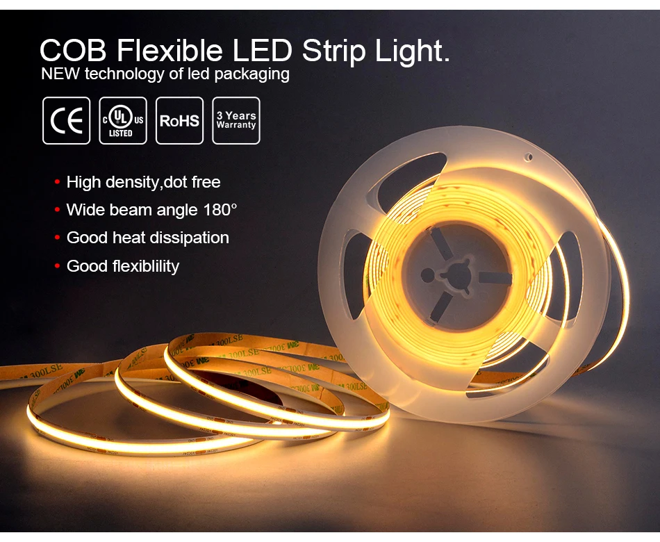 320 480 LEDs/m COB LED Strip Lights 16.4ft Flexible Tape Ribbon Lighting RA90 DC12V 24V Dimmable 3000K 4000K 6500K Led Strip