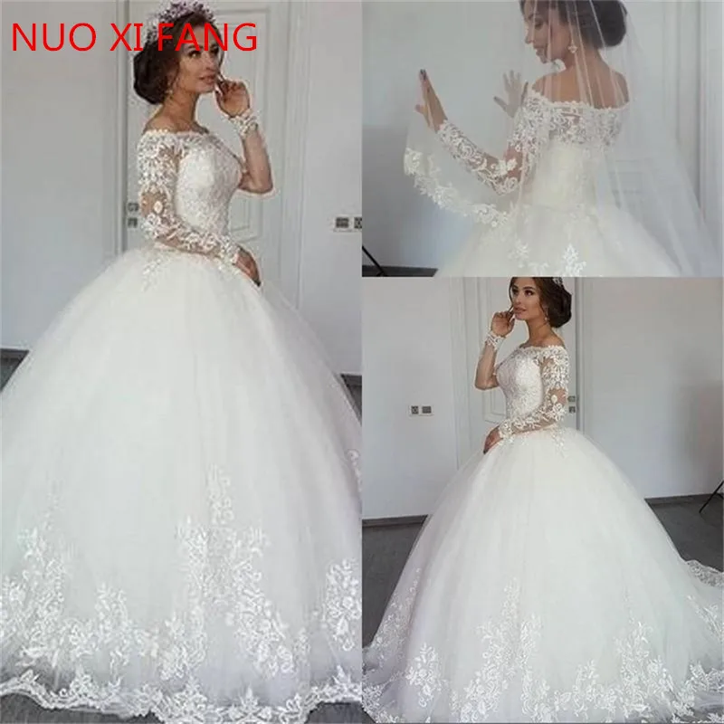 NUOXIFANG vestidos de novia Elegant Off the Shoulder Wedding Dresses Ball Gown Modest Long Sleeve Appliqued Tulle Bride Dress