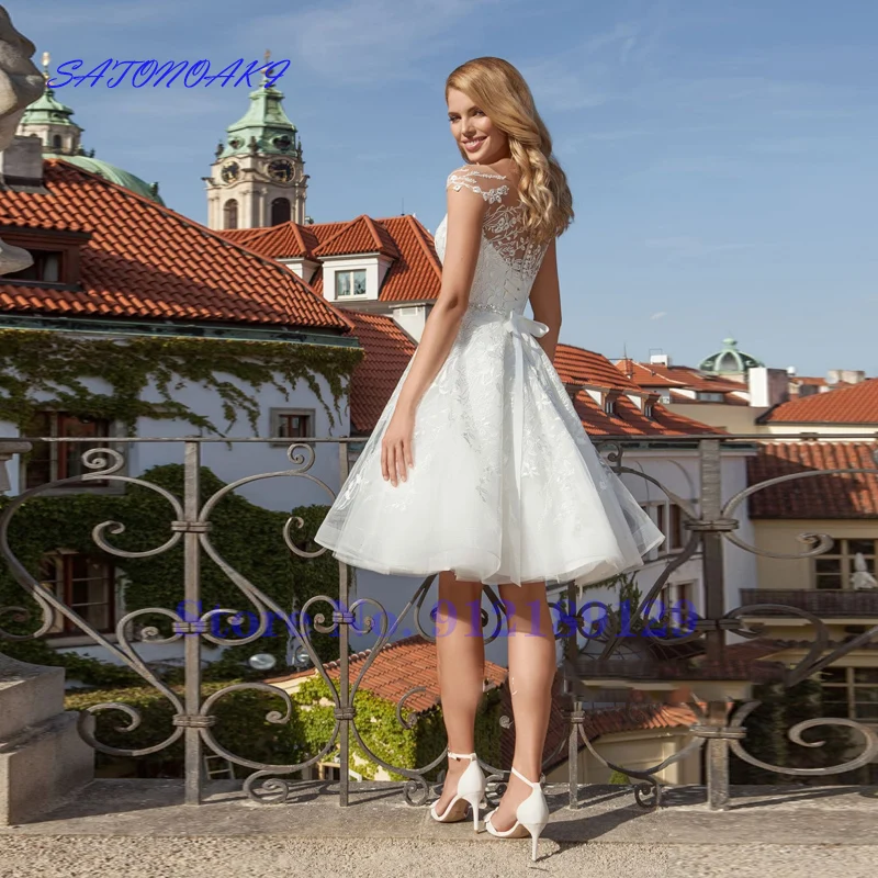 Customized Vestidos De Novia Elegant Lace Short Wedding Dress for Bride Knee Length Cap Sleeve Scoop Neck A-Line Bridal Gowns