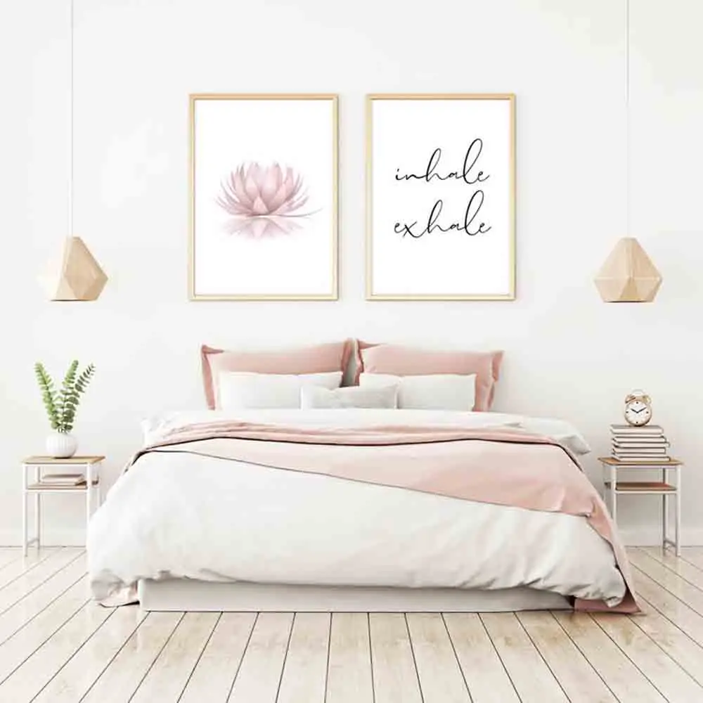 Pink Lotus Print Zen Yoga Wall Art Canvas Painting Picture Inhale Exhale Quotes Modern Minimalist Poster Home Room Decoration