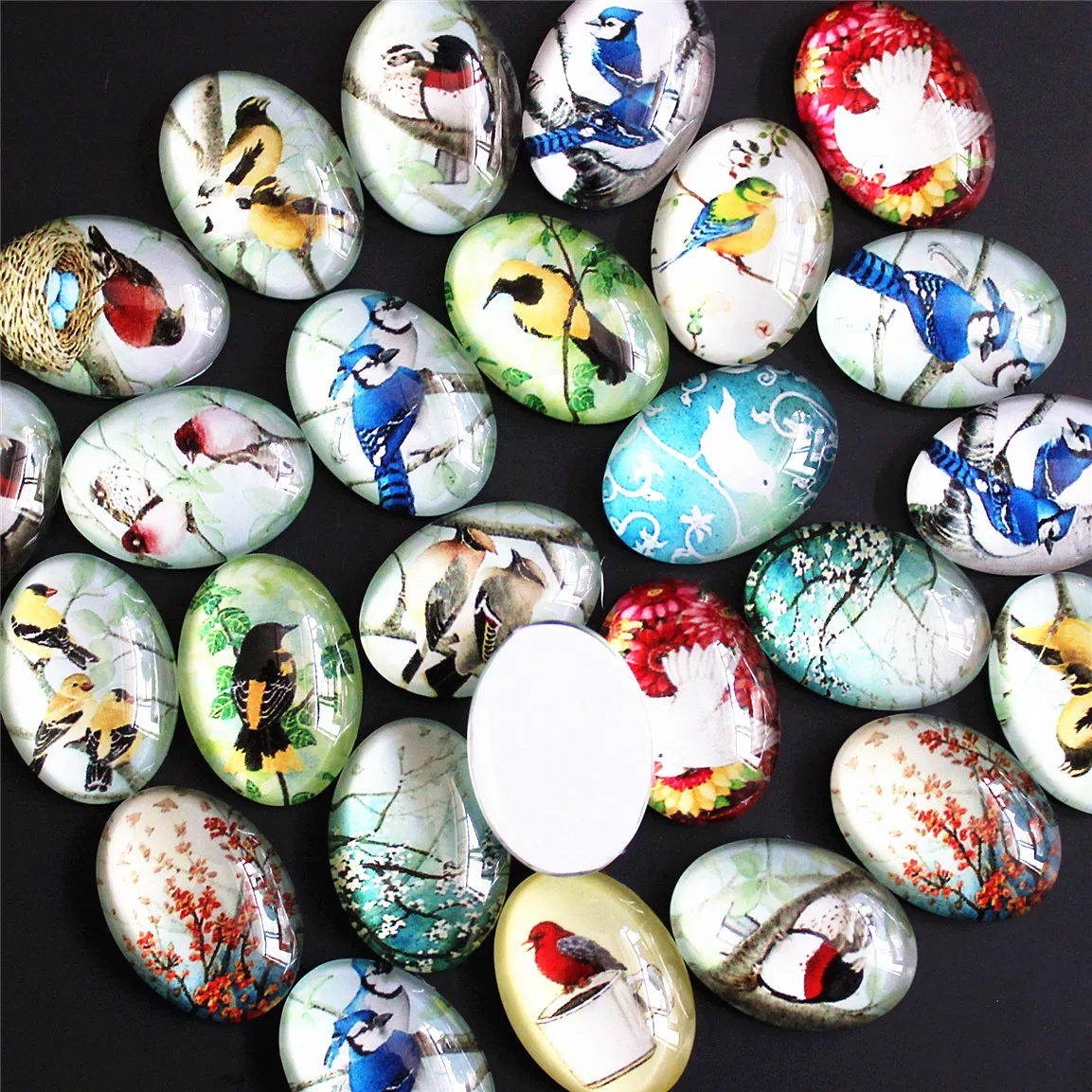 13x18mm 18x25mm, 30x40mm Random Mixed Bird Flowers Tree  Oval Glass Cabochon Flatback Photo Base Tray Blank DIY  Accessories