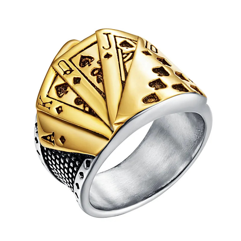 Rock Punk Titanium Stainless Steel Poker Rings For Men  Gothic God of Gambling Good Luck Signet Ring Jewelry Size 7 To 13