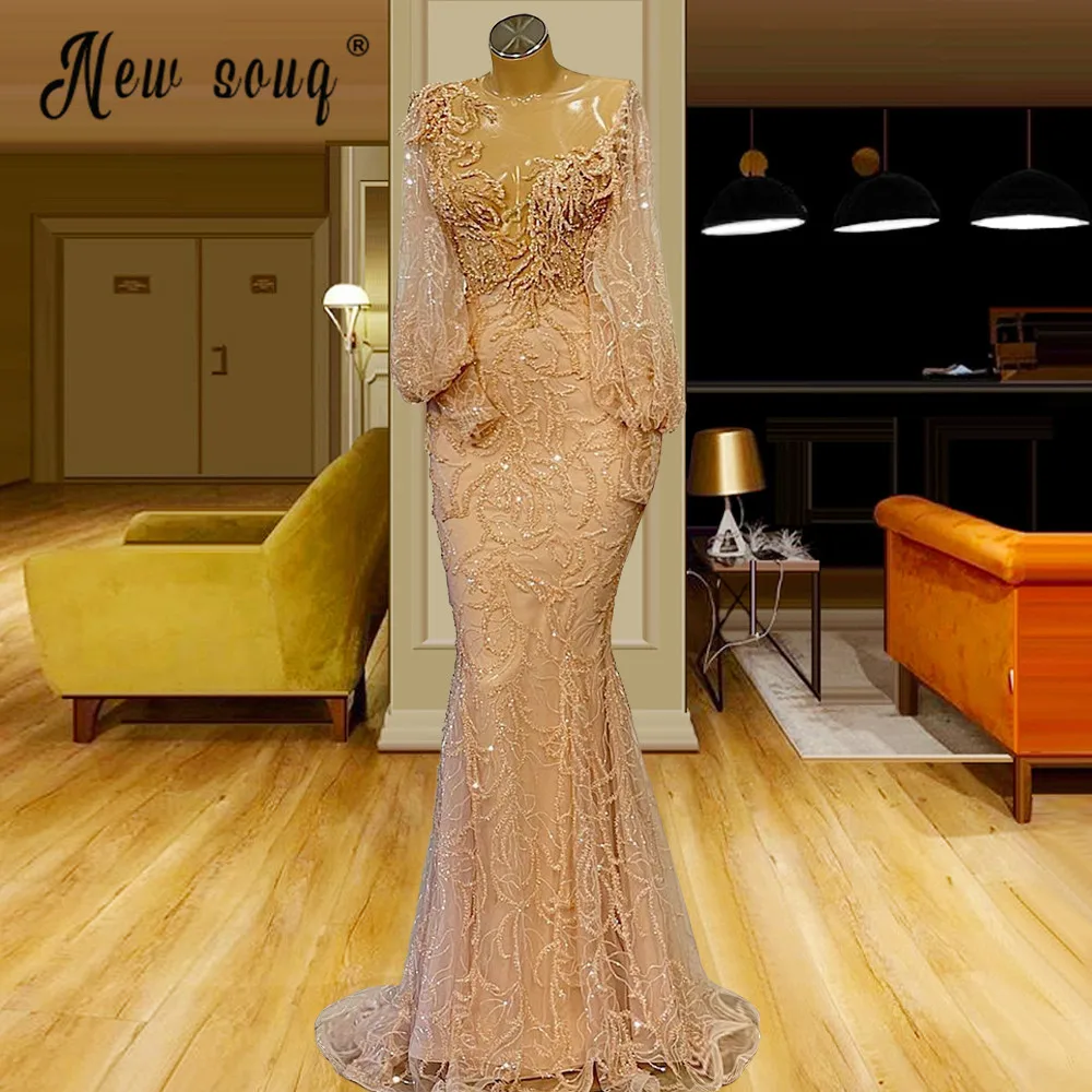 หรูหรายาวสีชมพูลูกปัดเมอร์เมดชุดราตรี Robes 2021 Sequins Appliques คริสตัลชุดราตรี Vestido De Novia