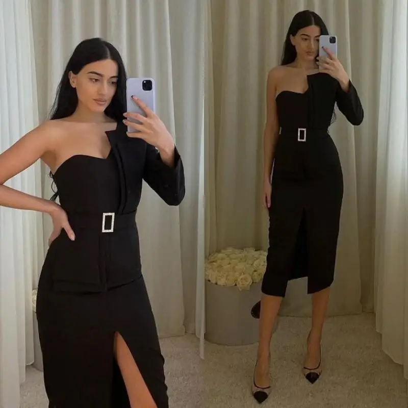 

Fashion One Shoulder Black Cocktail Dresses Front Split Satin Prom Dress Tea Length Long Sleeve Vestidos De Coctel латье