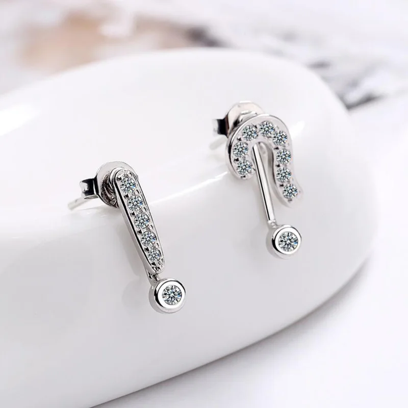 KOFSAC New Trendy Girl Earrings 925 Silver Jewelry Chic Funny Zircon Black Gold Symbol Question Mark Earring Women Accessories