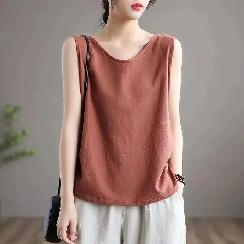 Cotton Line Tanks Camis Women Summer Top V-neck Large Size Loose Casual Mom Vest Sleeveless Solid Woman T-shirts Streetwear