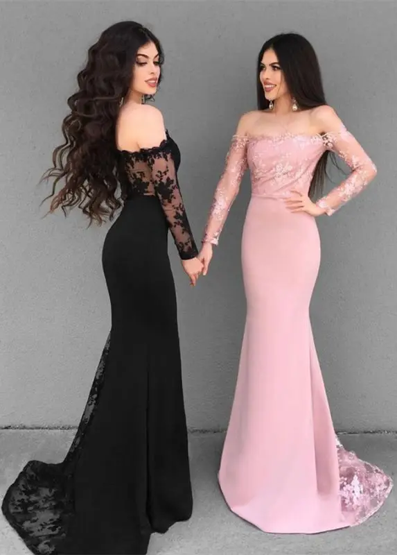 Elegancka suknia wieczorowa z długim rękawem dubaj arabski 2021 Off the Shoulder Lace Mermaid Prom suknia wieczorowa Vestidos Robe De Soiree