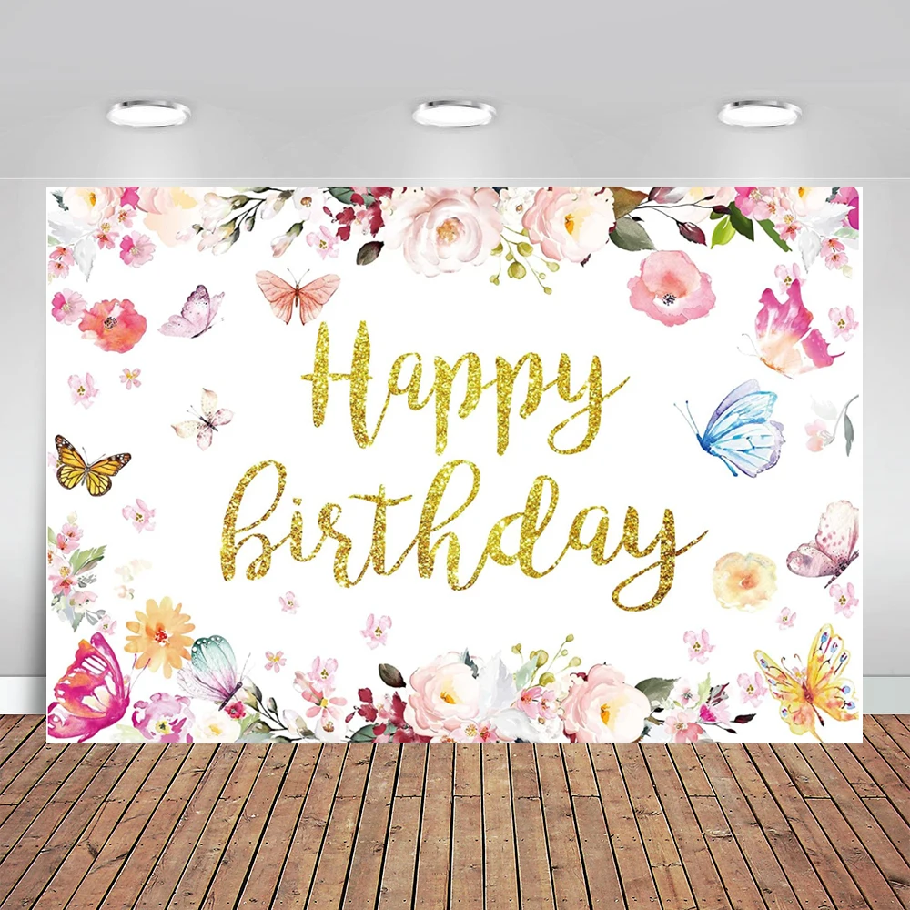 蝶のテーマ誕生日の背景赤ちゃんの女の子ピンクの花の写真の背景の装飾パーティー用品バナーの写真の撮影