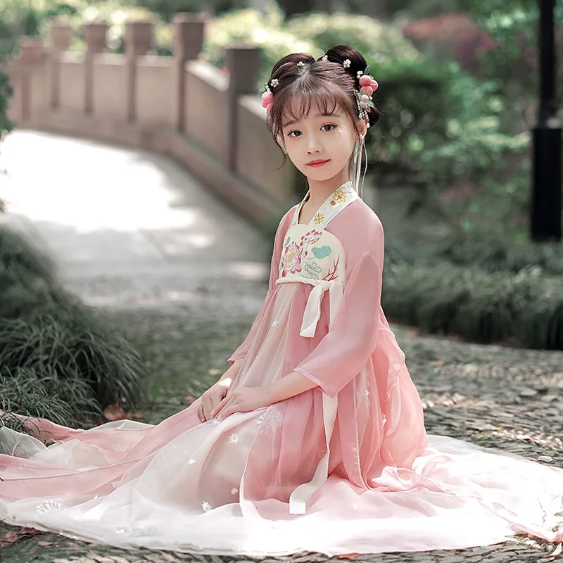 New Children's Ancient Costume Embroidery Hanfu Creative Chinese Style Traditional Hanfu Skirt Girl Ancient Style Dress LC144