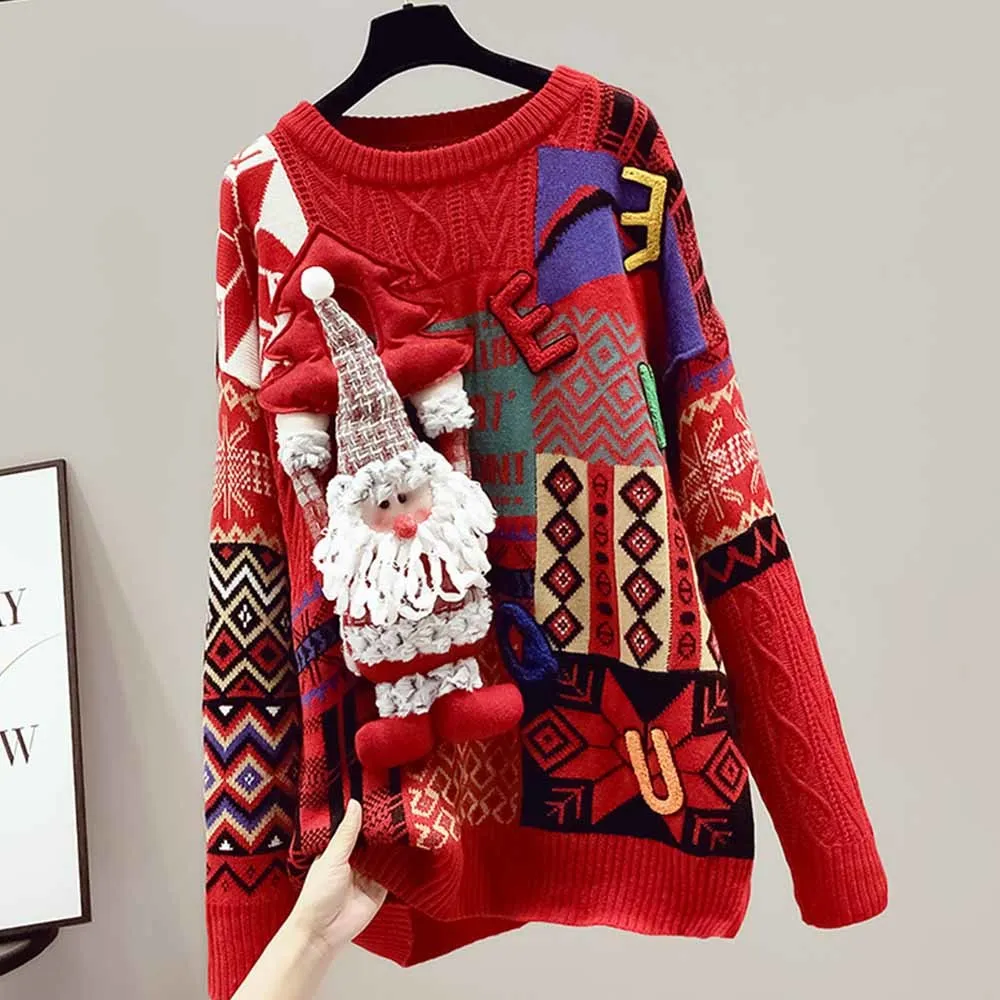 Women\'s Christmas Sweaters Cartoon Appliques Red Knit Pullovers Long Sleeve Autumn Winter Casual Loose Outerwear Sweater