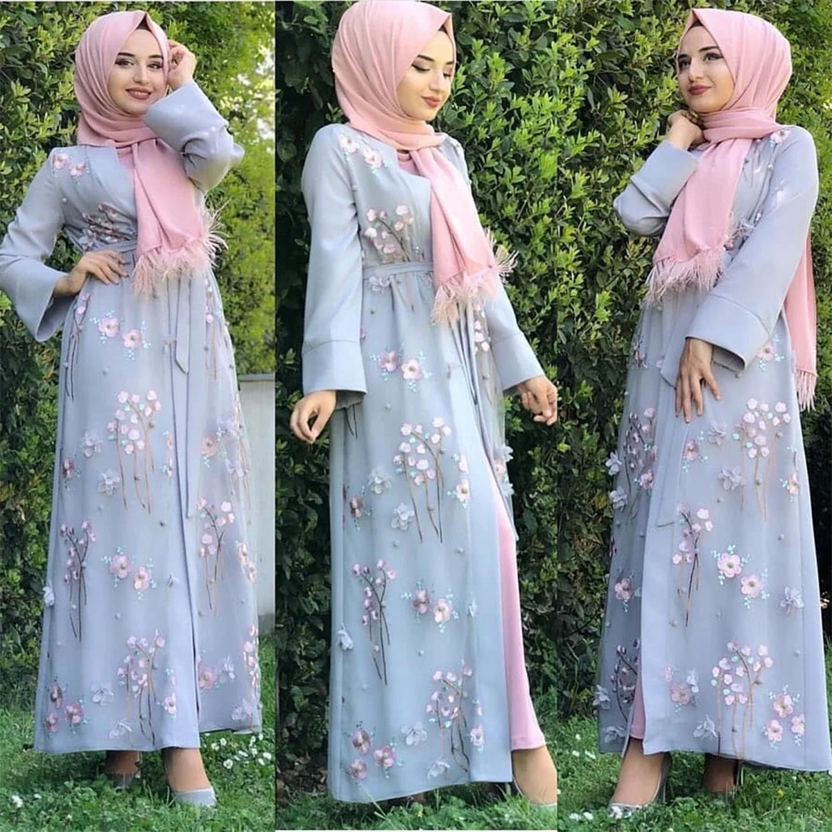 Ramadan Embroidery flowesr Kimonos muslim robes cardigan Abayas women's fashion 3D appliques Islamic clothing wq2349