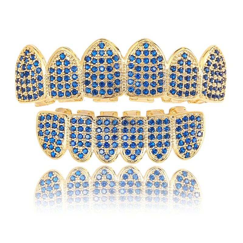 Tam kübik zirkon mavi renk Fangs diş Grillz üst alt ızgara ağız Punk diş kapaklar Cosplay parti rapçi Hip Hop takı