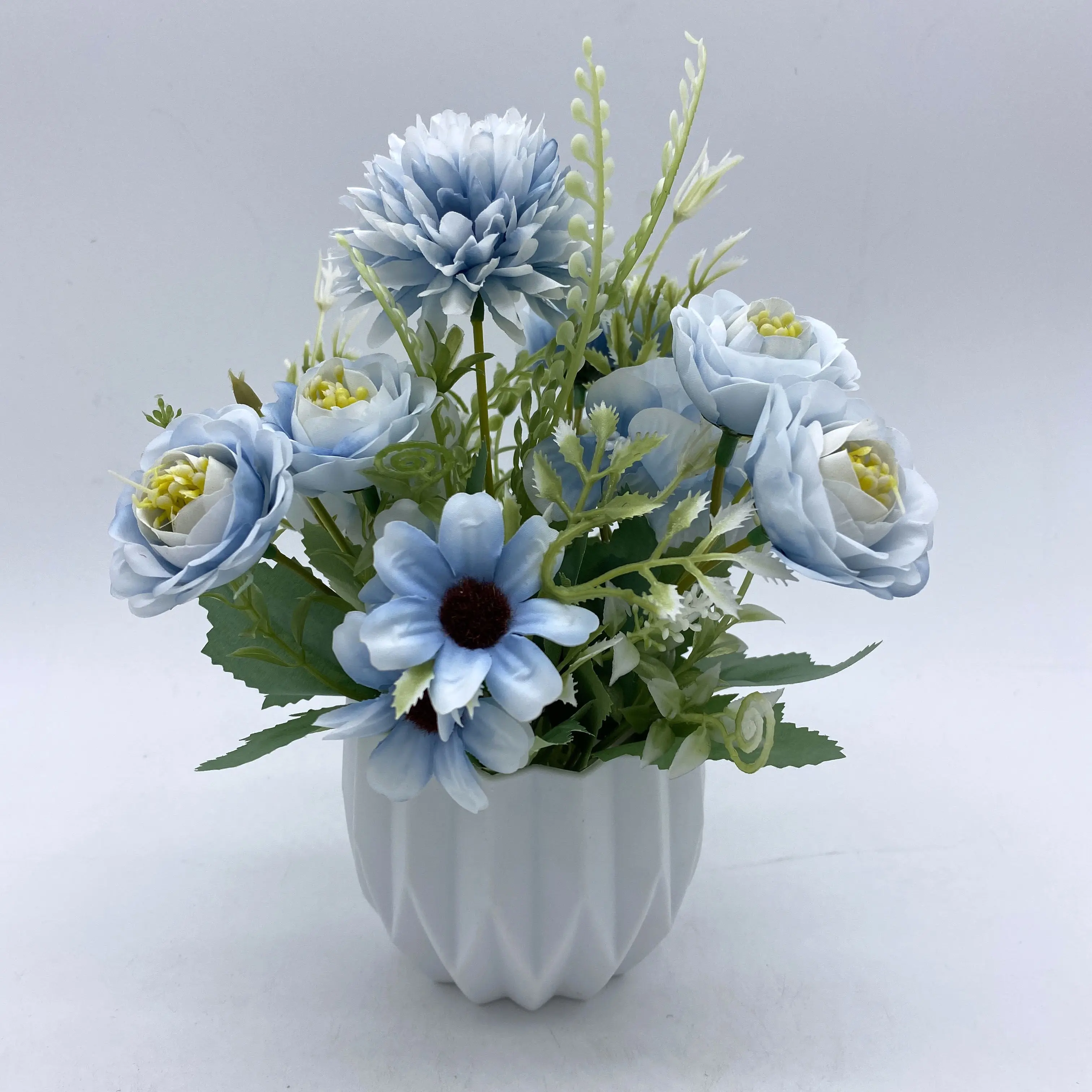 Silk Artifical Flower Potted Imitation Flower Plastic Flowerpot Vase Rose Hydrangea Bouquet Suit Living Room Office Decoration