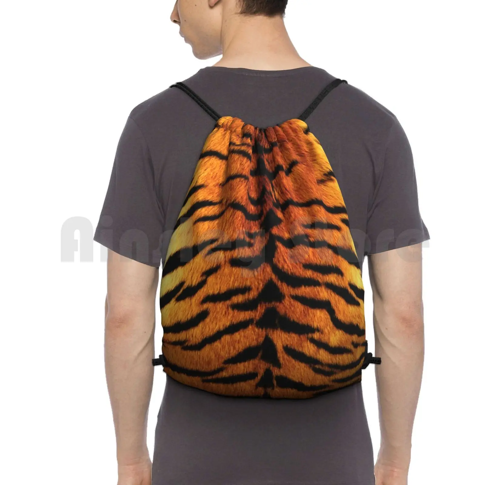 Realistic Tiger Skin Print Backpack Drawstring Bag Riding Climbing Gym Bag Tiger Animalprint Realistic Skin Orange Black