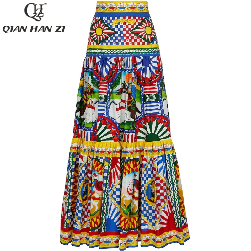 

Qian Han Zi designer fashion runway Maxi skirt vintage 100% cotton pattern print Bohemia Beach holiday long dress women's summer