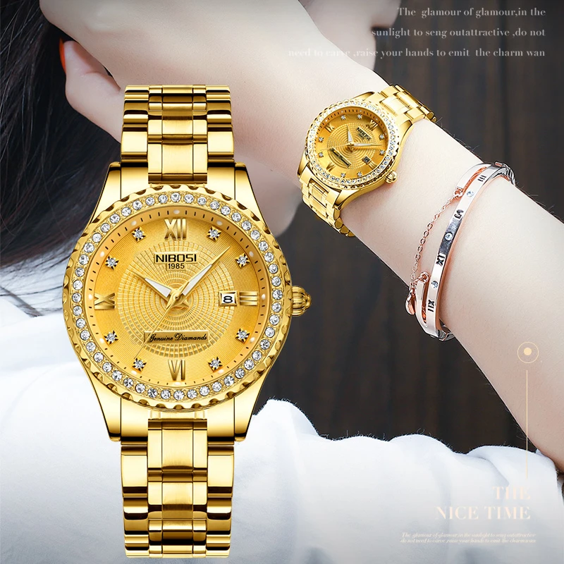 NIBOSI-Montre de luxe pour femmes, bracelet classique en acier inoxydable, couleur or