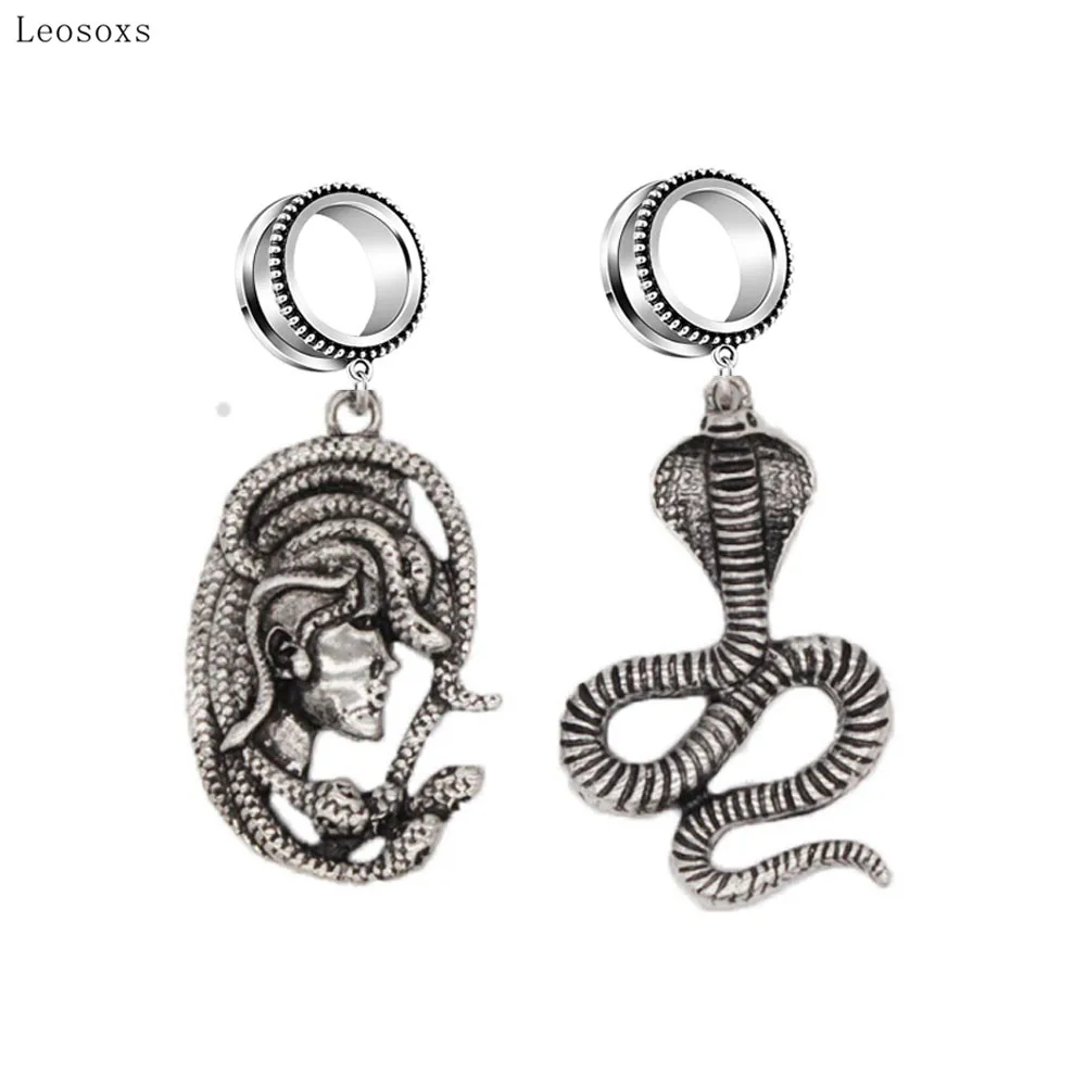 

Leosoxs 2pcs New Dark Punk Antique Medusa Queen Hydra Human Head Snake Like Ear Expansion Piercing Jewelry