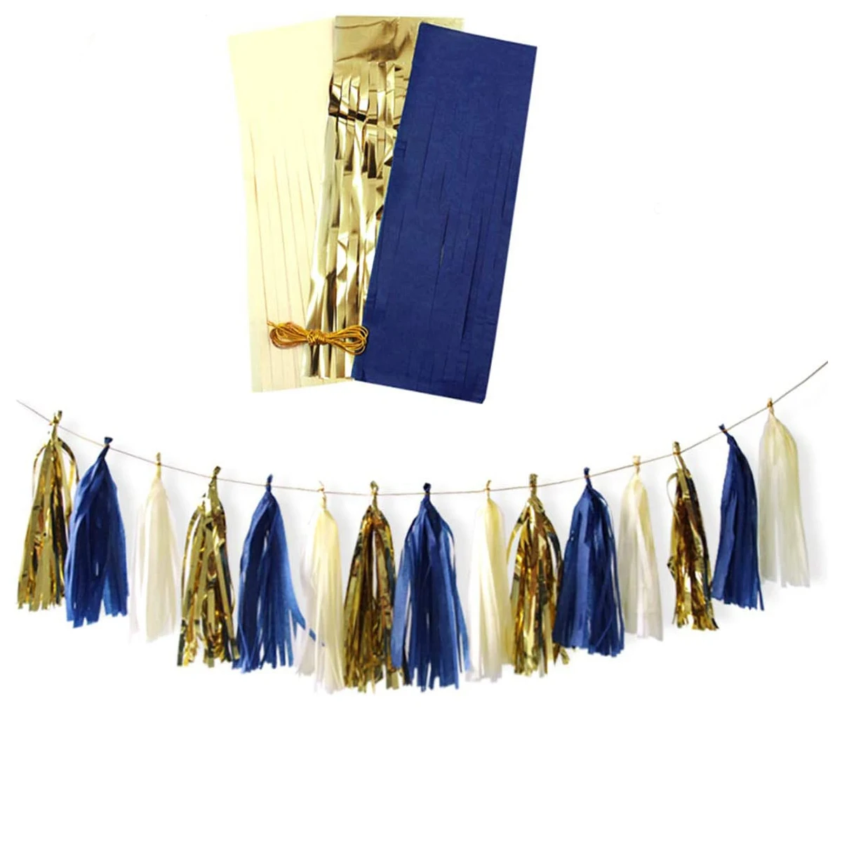 

15 Pcs Navy Royal Blue Gold Beige Tissue Paper Tassels Banner Garlands for Bachelorette Party Birthday Baby Shower Decorations