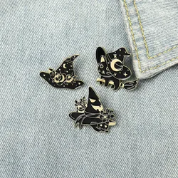 Black Witch Cats Enamel Pins Custom Starry Wizard Hat Cat Brooches Bags Clothes Lapel Pin Gothic Badge Jewelry Gift for Friends