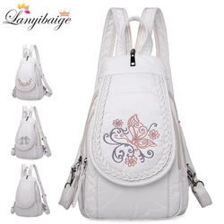 2023 Fashion Ladies Embroidery Small Backpack High Quality Soft Washed Leather Backpack Women Multifunc Bagpack Mochilas Mujer