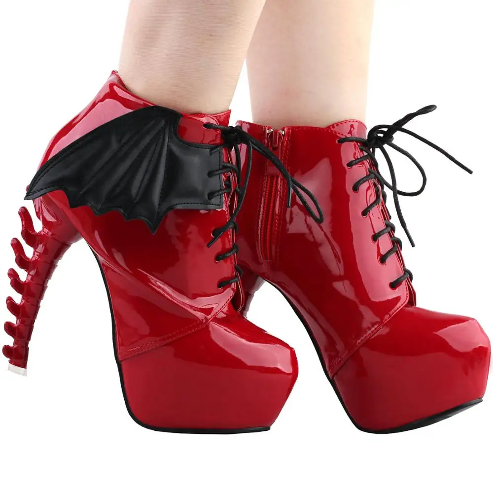 LF80658 Show Story Punk Two Tone Wings Lace Up Bone Heels Platform Ankle Boots