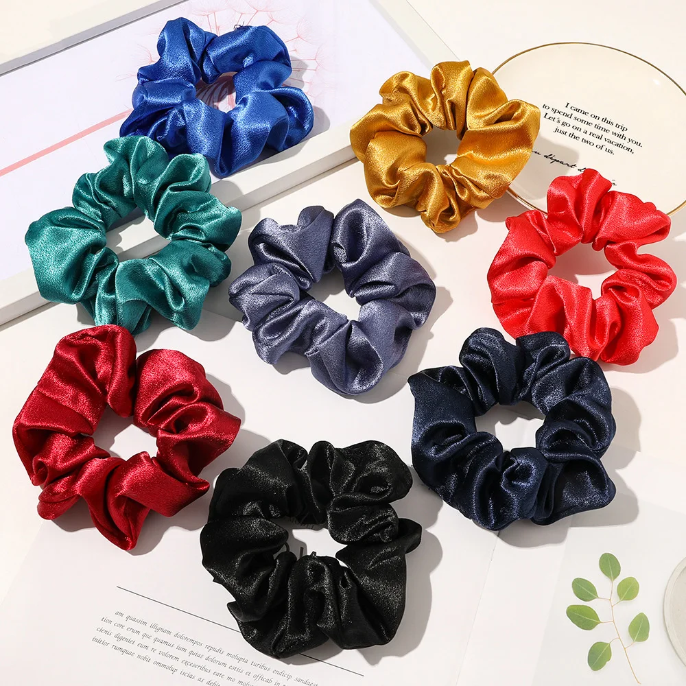 2PCS Satin Silk Bright Solid Scrunchies Elastic Rubber Hair Bands Ties Set Women Girls Ponytail Holder Hair Rope Accessories New