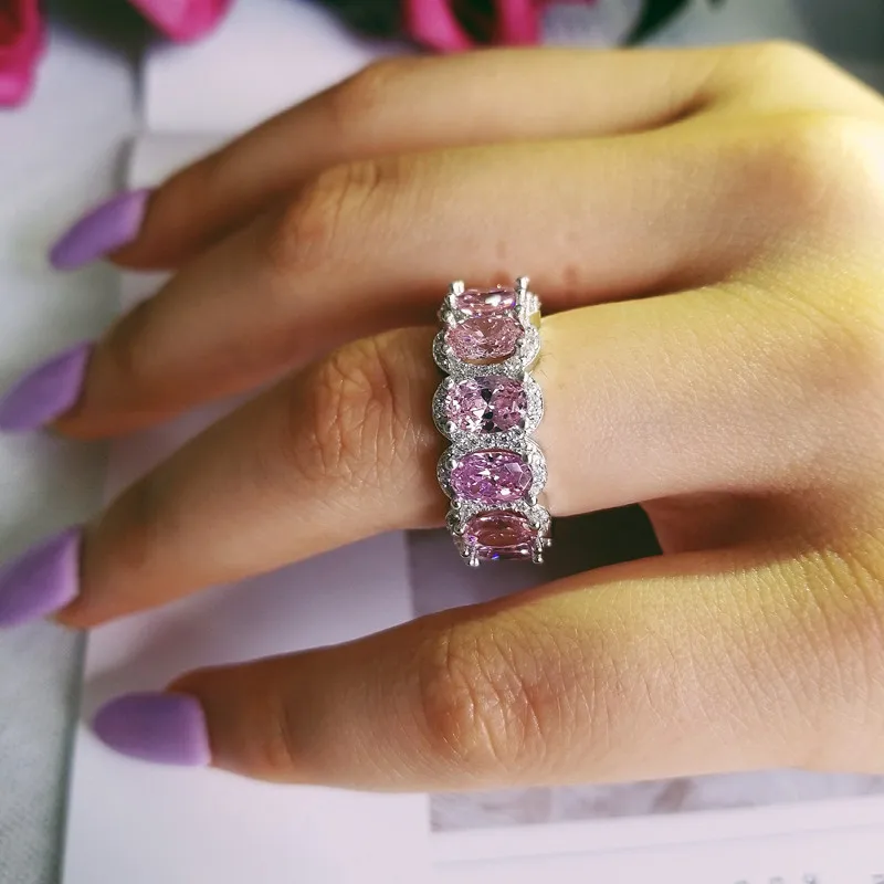 BRAND 925 SILVER PAVE Cushion cut pink stone BAND Ring for Women ETERNITY ENGAGEMENT WEDDING Rings finger Simulated Diamond