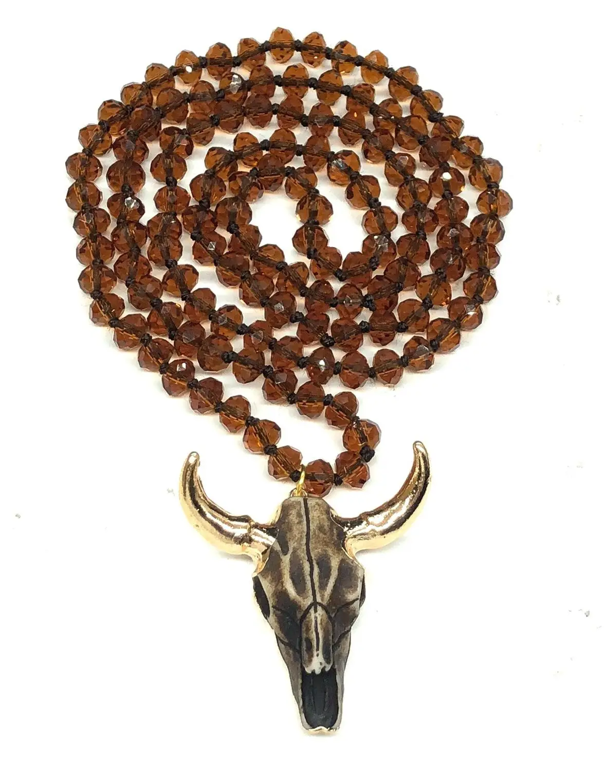 Bohemian Tribal Jewelry Long Knotted Handmade Paved Bull Head Pendant Necklace For Women Ethnic Beads Necklace Sweater Chain