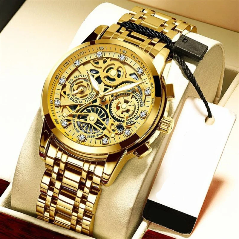 Men’s Watches Tourbillon Rotating Window Top Luxury Brand Fashion Quartz Men Watch Waterproof Gold Steel Business Wristwatch