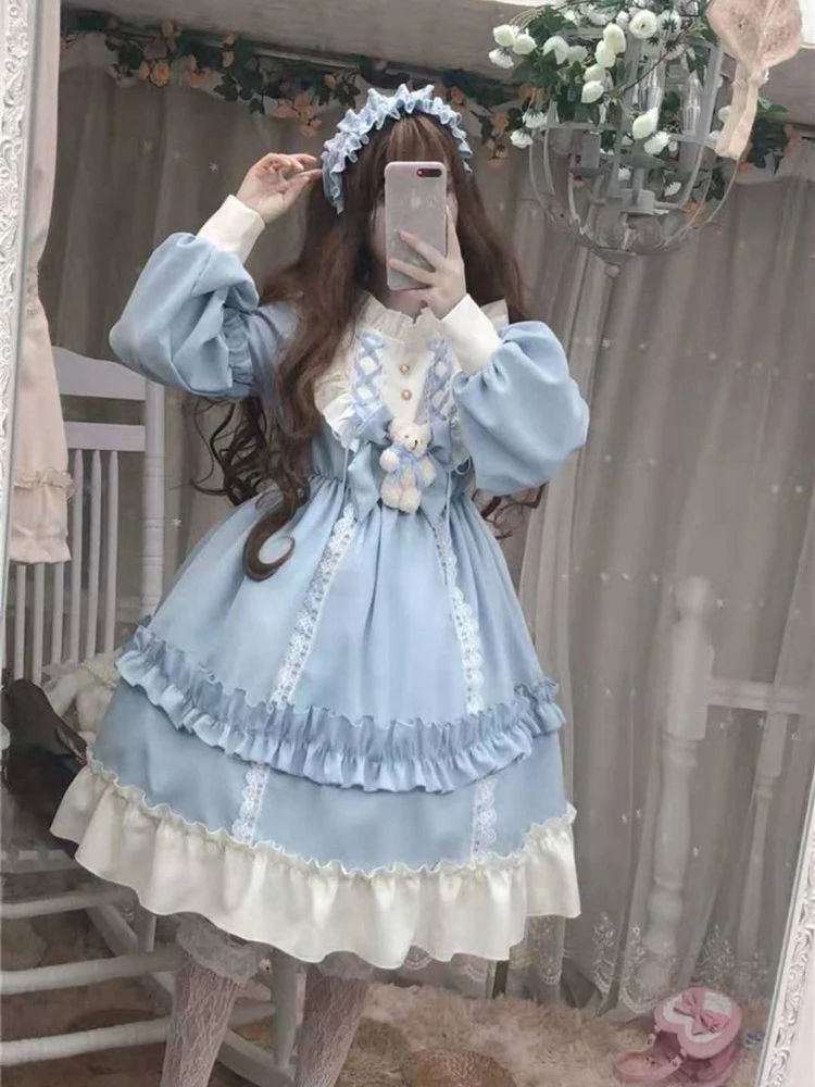 Anime Lolita Dress Women Bear Bow Lace Kawaii Dress Long Sleeve Princess Dress Halloween Costume Gift for Girls PARTY