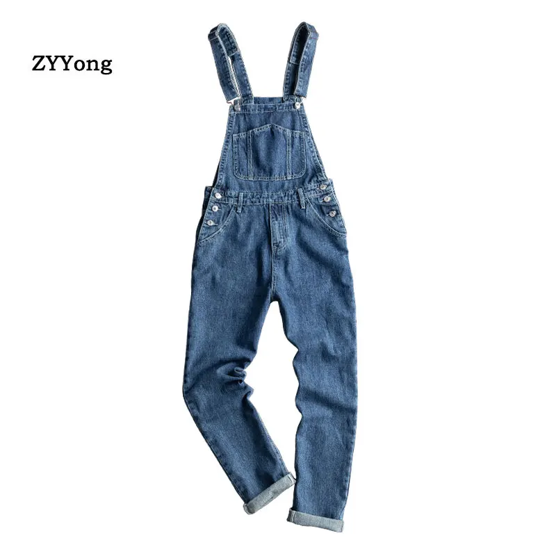 

Retro Blue Freight Overalls Men Denim Jumpsuit Bib Straight Jeans Hip Hop Streetwear Rompers Casual Cargo Pants Trousers