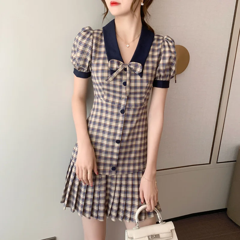 Korean Fashion Vintage Plaid Front Button Pleated OL Office Ladies Dress Sexy Short Dresses Lantern Sleeve Casual Shirt Dress