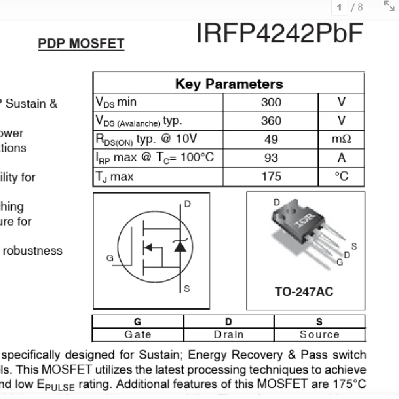 100% nuevo 50 unids/lote original MOSFET IRFP4242 IRFP4242PBF TO-247 300V96A IRFP4232 Transistor