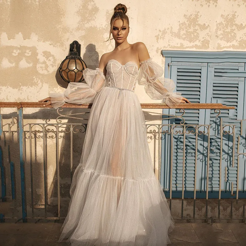 Abito da sposa Sexy lucido da spiaggia manica a sbuffo staccabile abiti da sposa lunghi Boho abiti da sposa a pieghe lunghezza pavimento 2022 Glitter