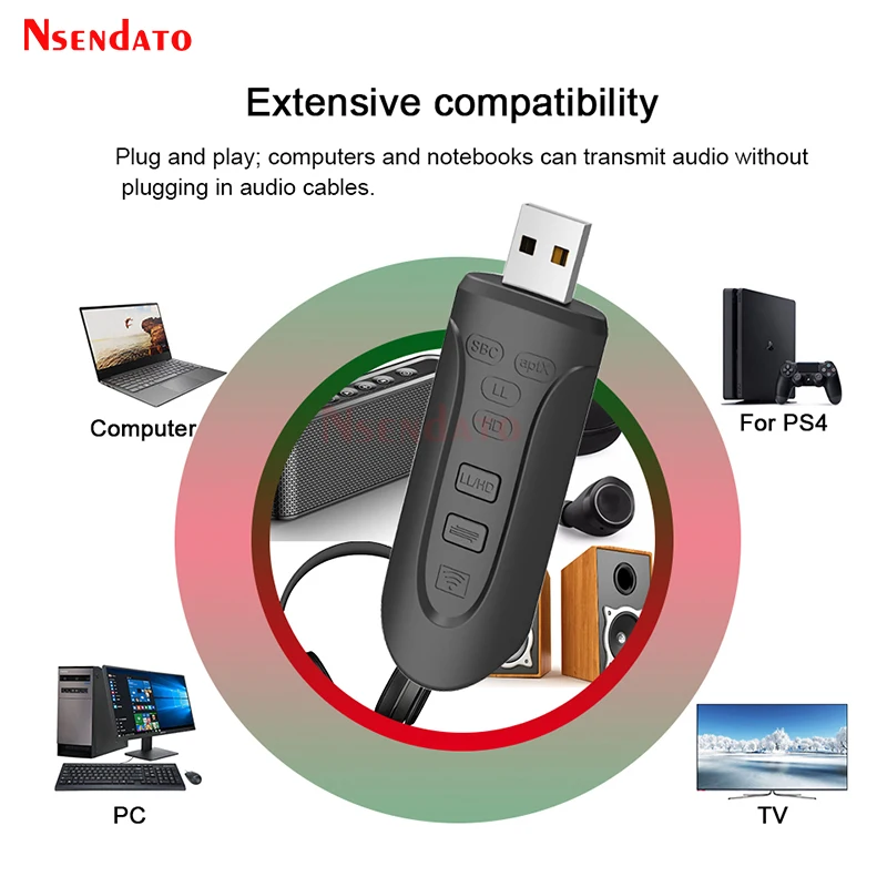 Wireele-adaptador inalámbrico BT 5,0 para TV, PC y PS4, transmisor de Audio de 3,5mm con conector AUX, apt-x, AptX de baja latencia