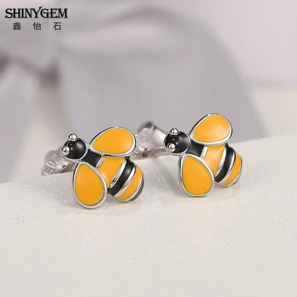 

ShinyGem Fashion 9mm Exquisite Small Cute Bee Stud Earrings Yellow 925 Silver Charm Insects Bee Style Earrings For Women Girl