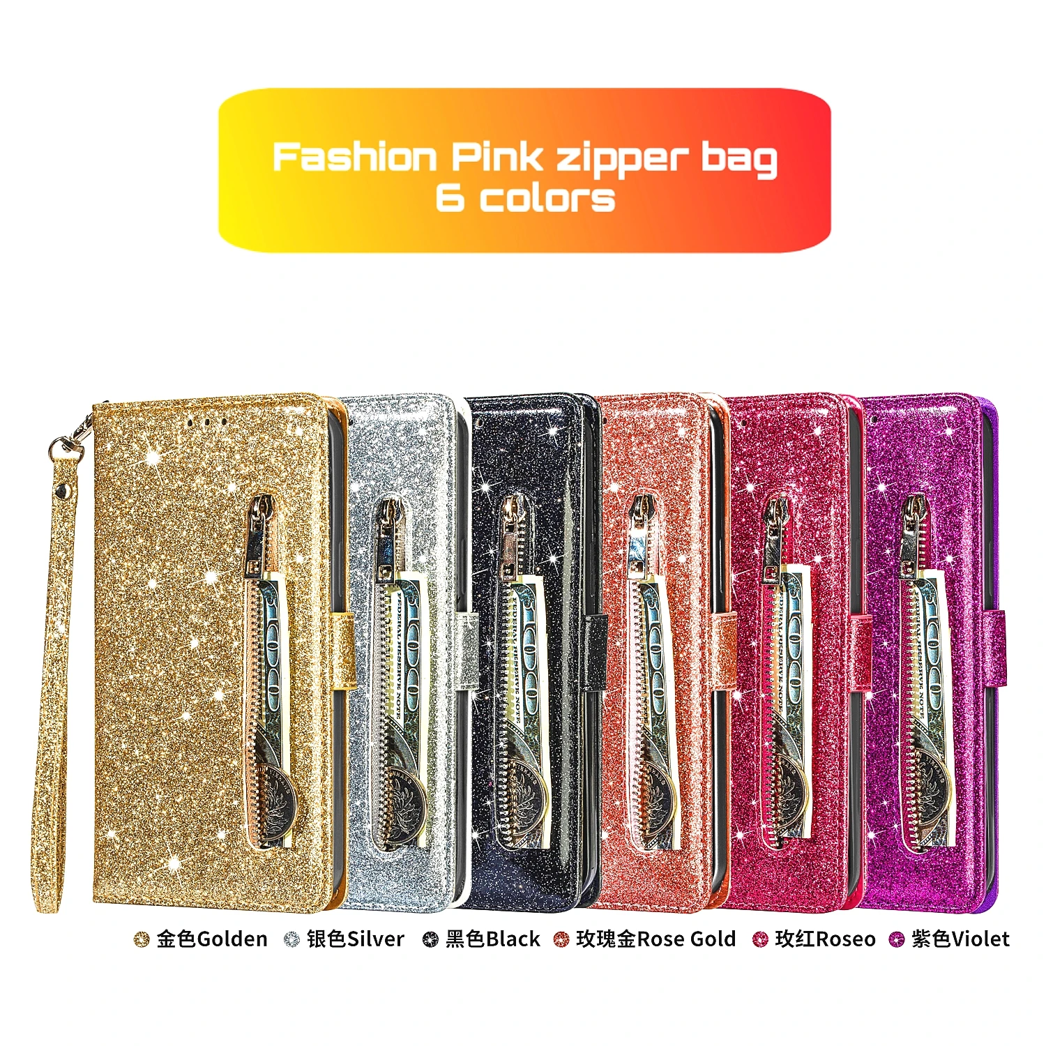 Reißverschluss-Flip-Brieftaschen-Hülle aus Glitzerleder für iPhone 18 17 16 15 14 13 12 11 Pro Max XS XR 8 7 Plus SE 16E Mini Bling Handyhülle – Detail 12
