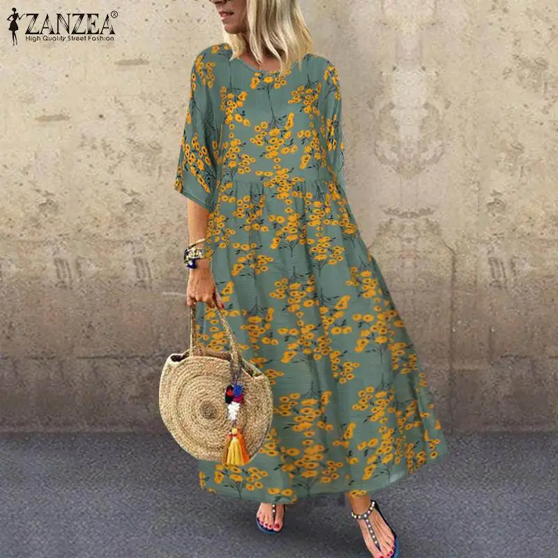 2023 ZANZEA Vintage Printed Maxi Dress Women\'s Sundress Autumn Half Sleeve Tunic Vestido Female Casual Floral Robe
