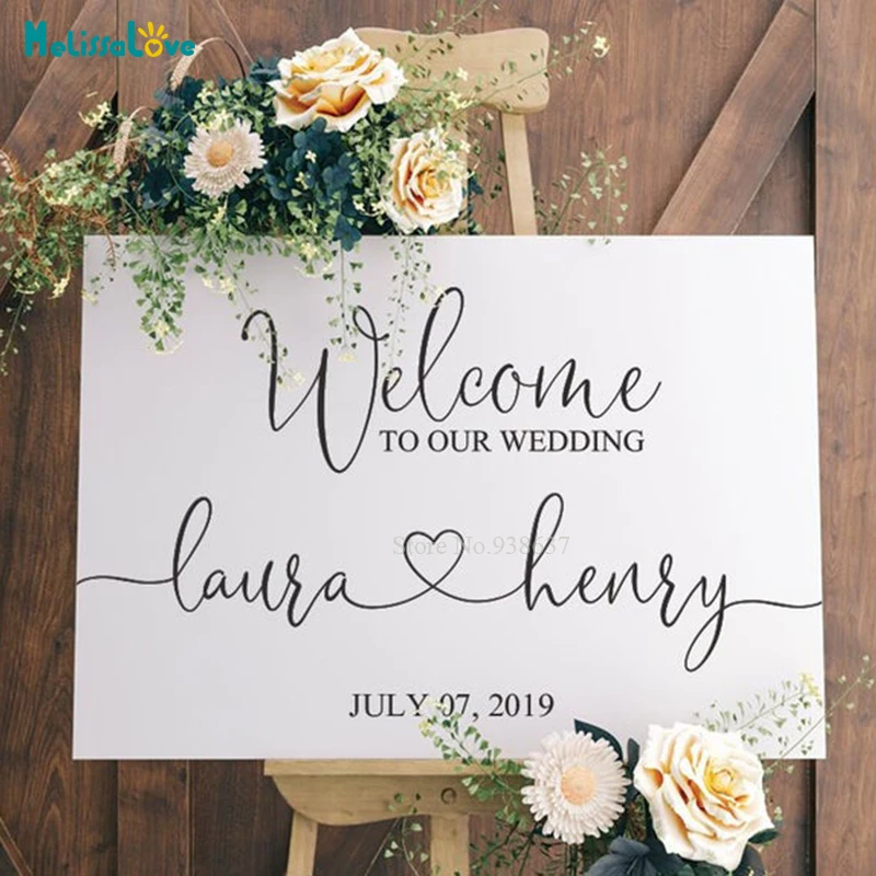Bienvenido a nuestro letrero de boda calcomanía de diseño de corazón, recepción de boda, letrero de fiesta, pegatinas de vinilo extraíbles, BA431