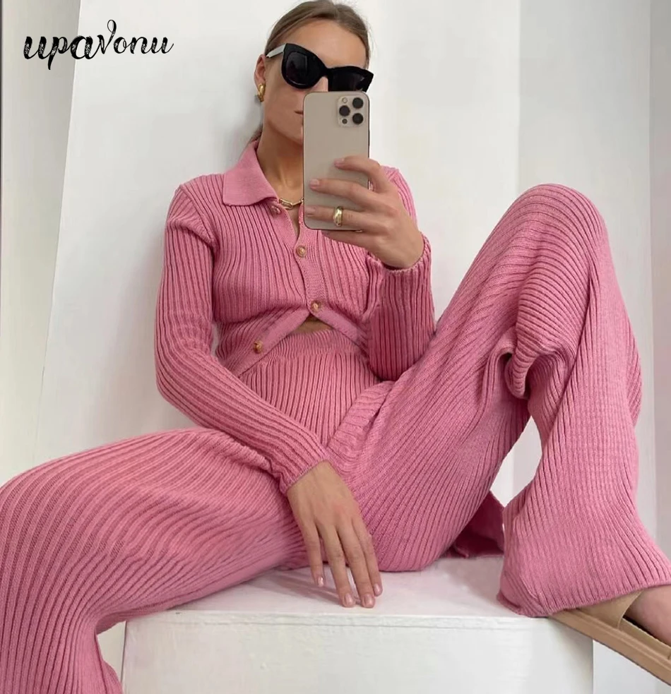 2024 Autumn Casual Ladies Slim Knit Sweater Set Lapel Long Sleeve Single-breasted Cardigan Sweater & Pants Two-Piece Set