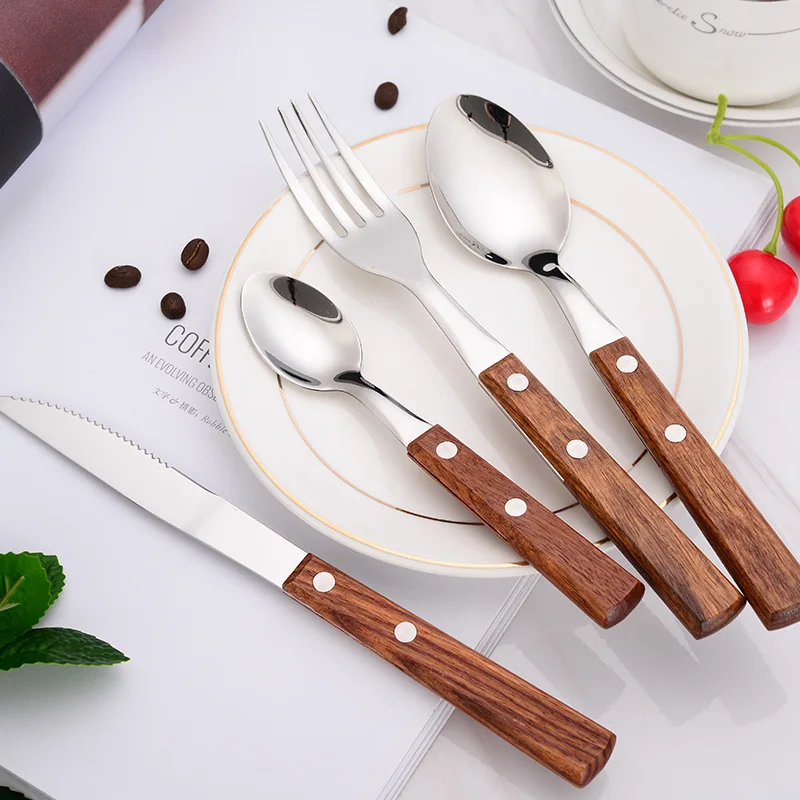 

Stainless steel Western tableware wooden handle cutlery spoon set of three steak knife cake knife fruit fork cutlery