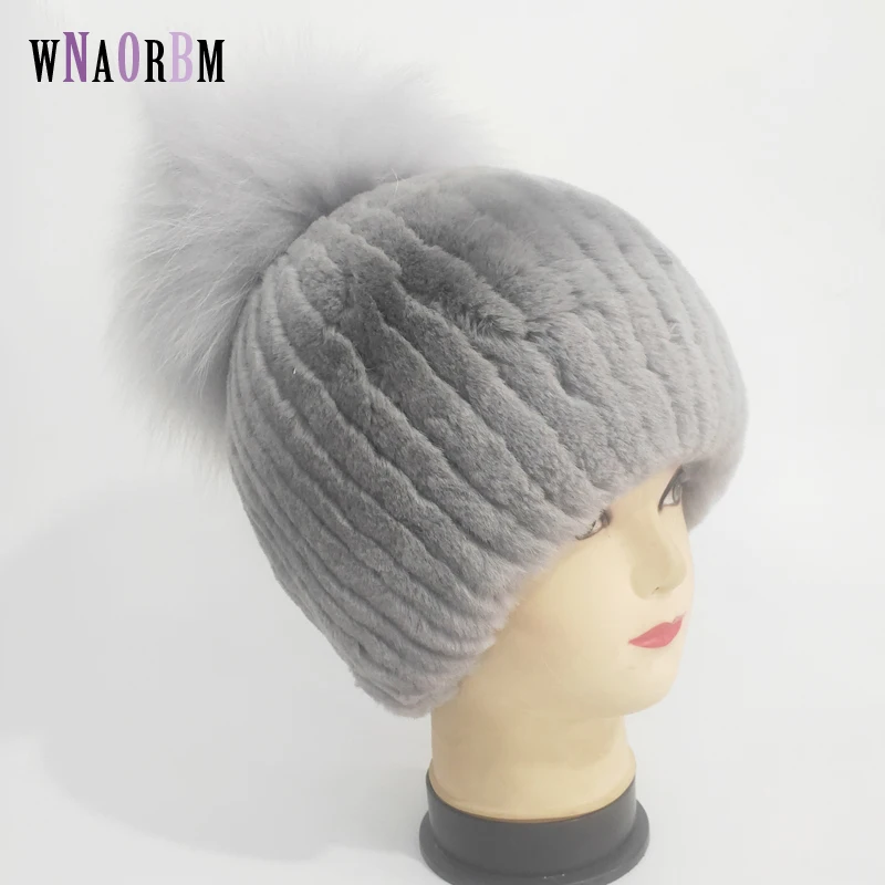 

Women's Genuine Rex Rabbit Fur Hats Autumn and winter 100% Big Fox Fur hair ball Warm Real Fur Knit High elasticity Caps