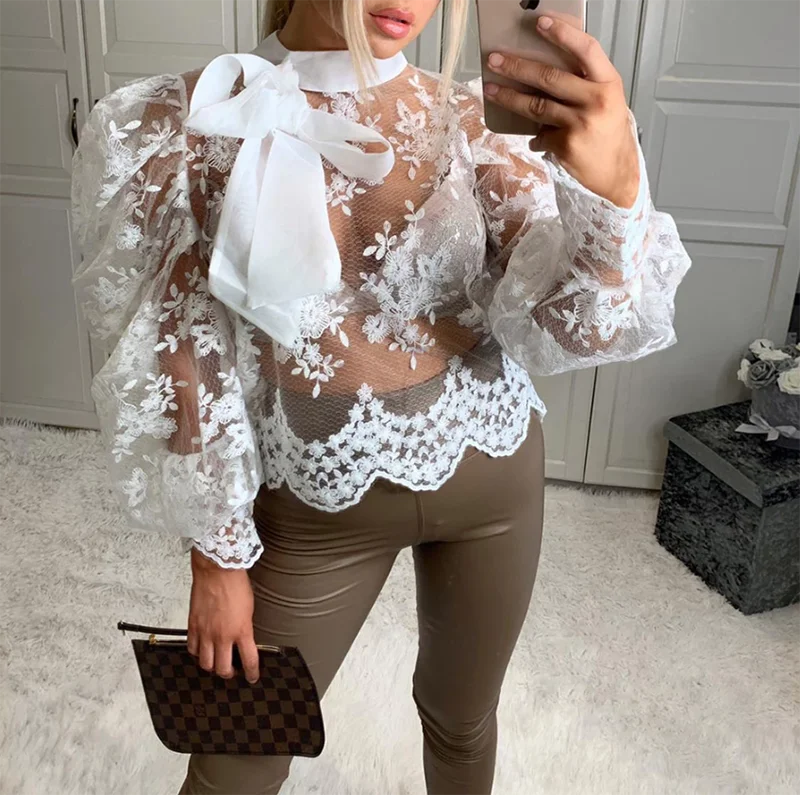 Women's Crochet Sheer Mesh Long Puff Sleeve Shirt Tops Loose Casual Blouse US