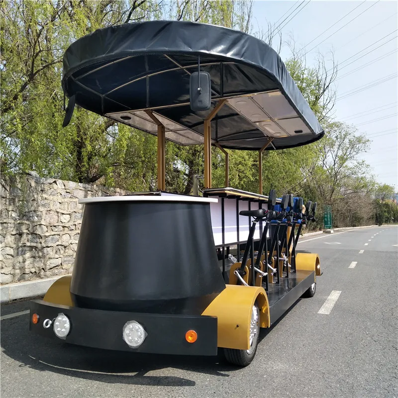 دراجة بيرة كهربائية للحفلات بأربع عجلات تزحف على شكل حانات تعمل بالدواسات 7-15 راكب