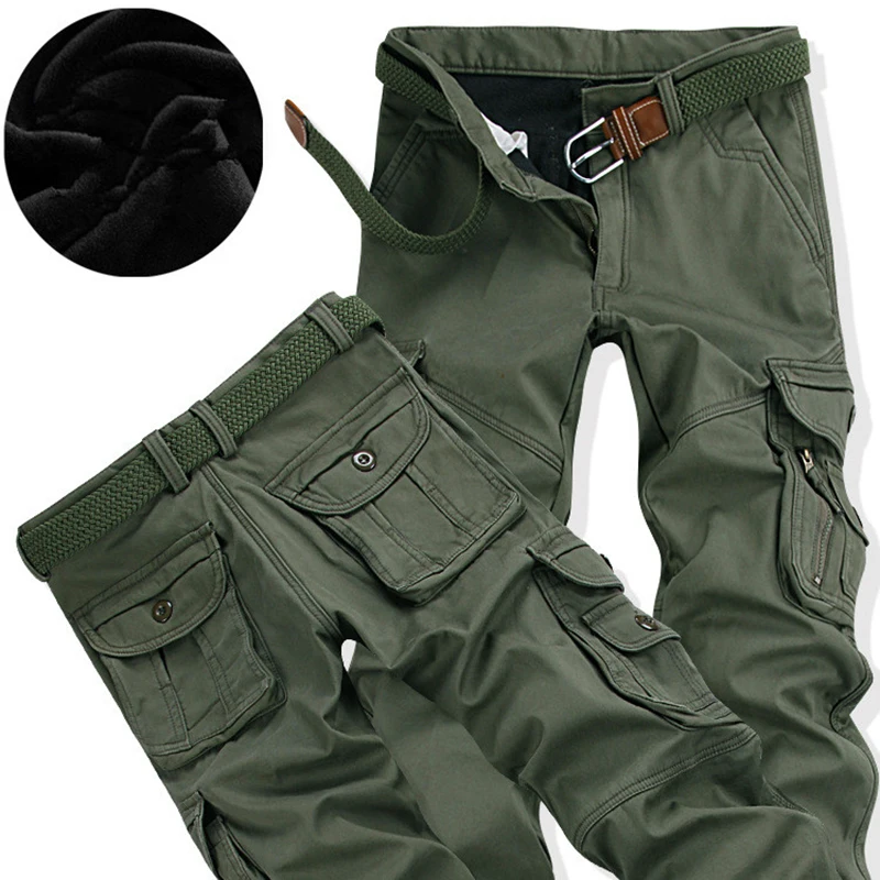 Men Winter Warm Fleece Pants Thick Chinos Cargo Pants Many Pocket Baggy Jogger Work Military Overalls Male Outdoor Long Trousers