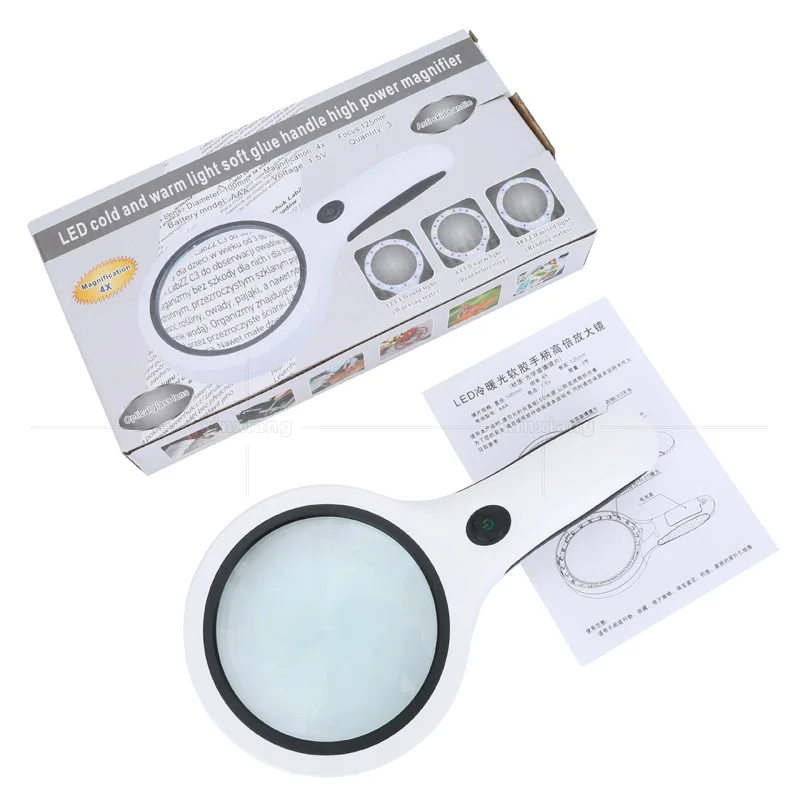 Lente de vidro ótica de dupla camada de lupa handheld de 100mm, 18 luzes led, lupa ajustável de luz fria e quente